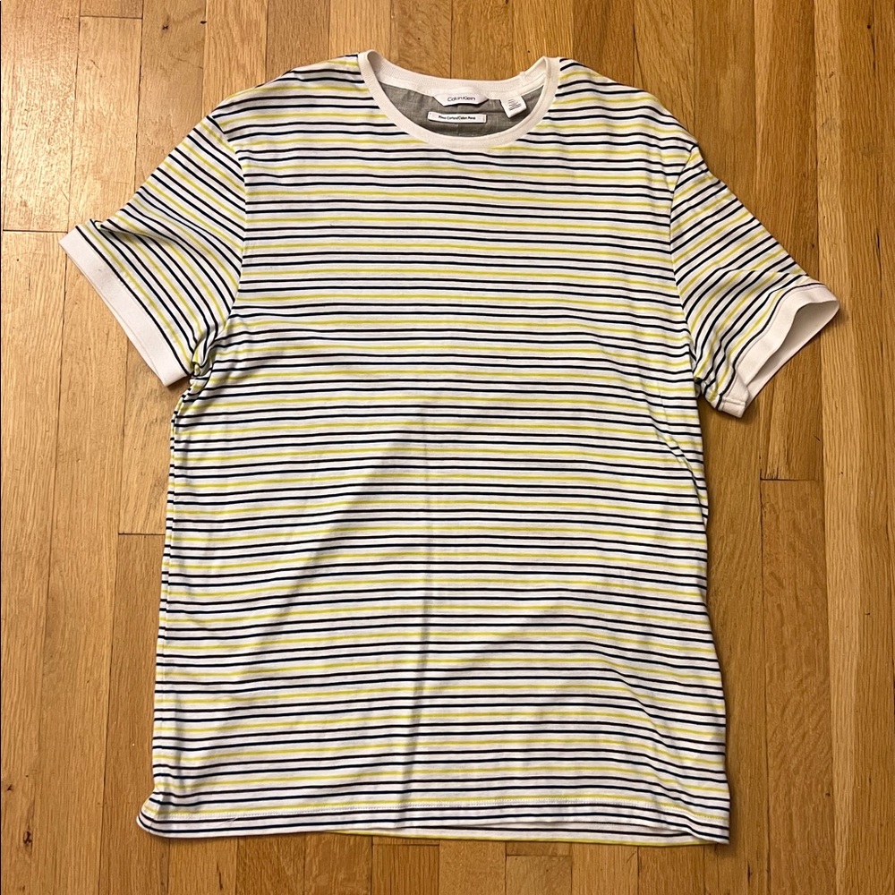 Calvin Klein White Striped Tee with Blue and Yellow, 100% pima cotton